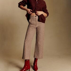 Sezane Martin Crop Checkered Trousers in Brown and Ecru